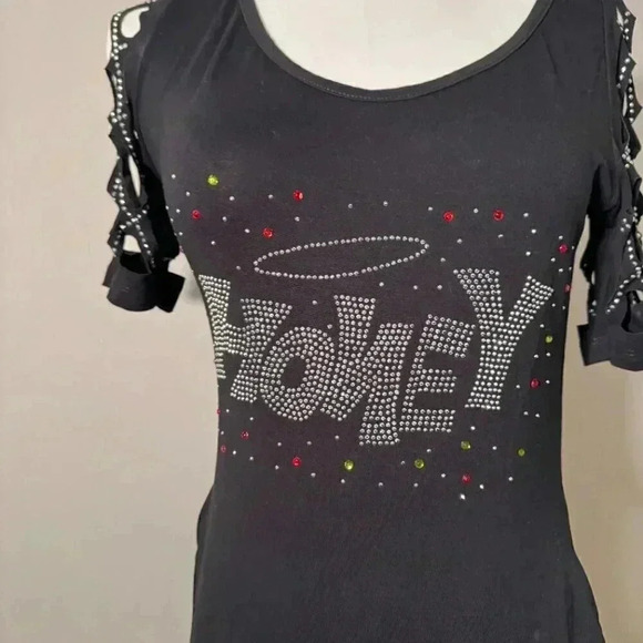 Y2K Black Honey Rhinestone Embellished Sheath Dress S/M Scoop Neck - Picture 3 of 7